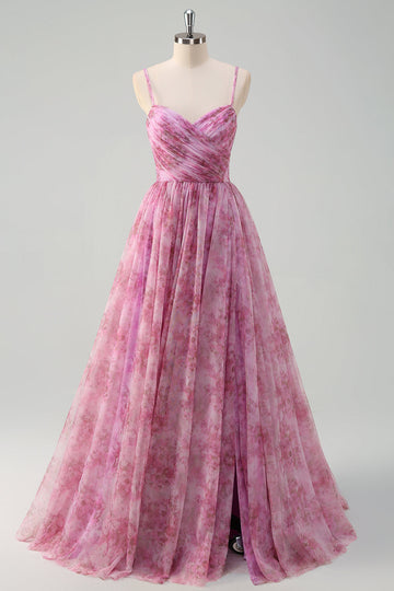 Rosato viola A-Line floreale Spaghetti Straps lungo Abito da cerimonia con fessura